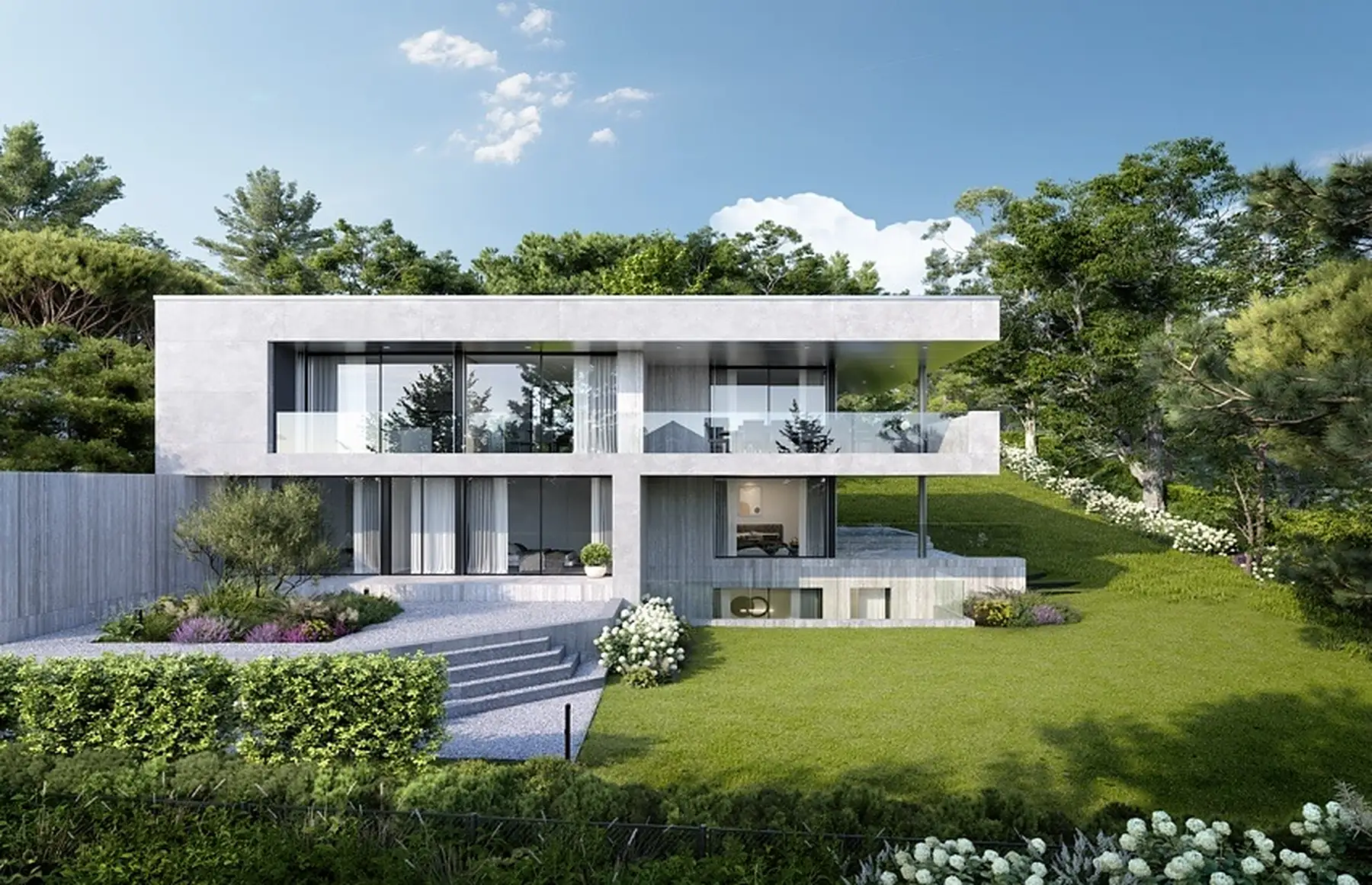 Villa des Projekts Haut-Rivage in Cologny, Ansicht vom Garten