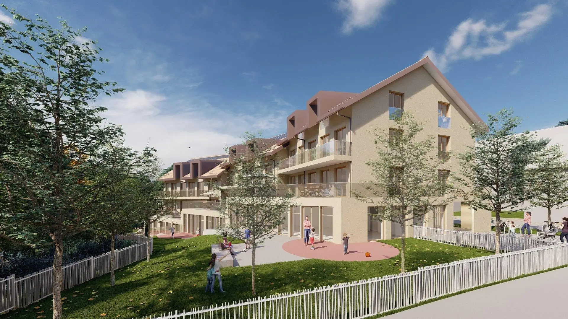 Projekt Blonay-Bourg, Gesamtansicht der Gebäude vom gestalteten Spielbereich aus