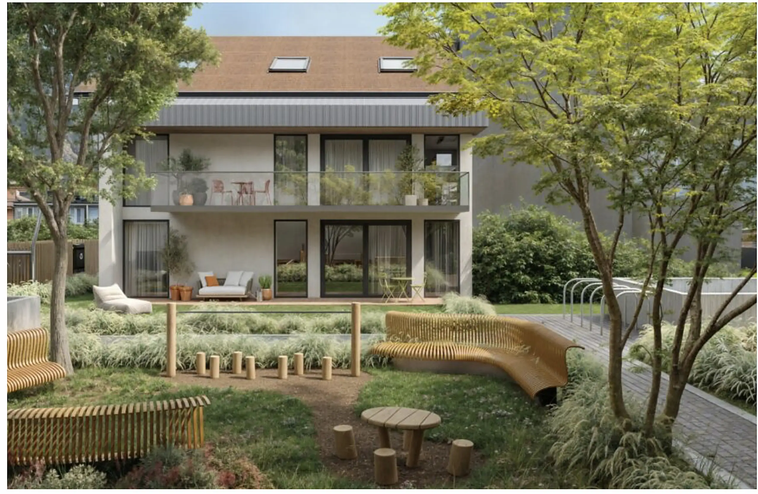 Grand-Rive project, rear façade and landscaped garden with timber seating