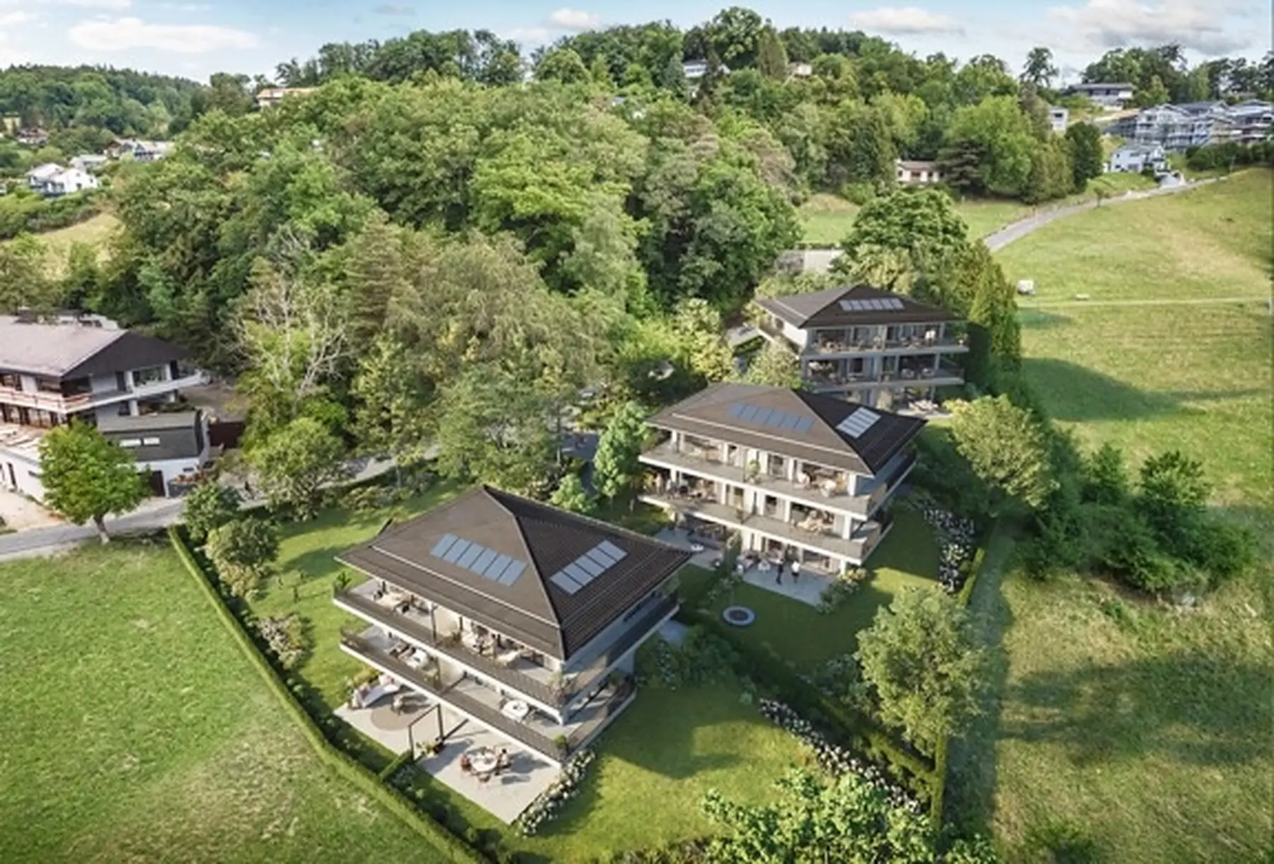 Aerial view of Les Jardins de Bellevue in Jongny
