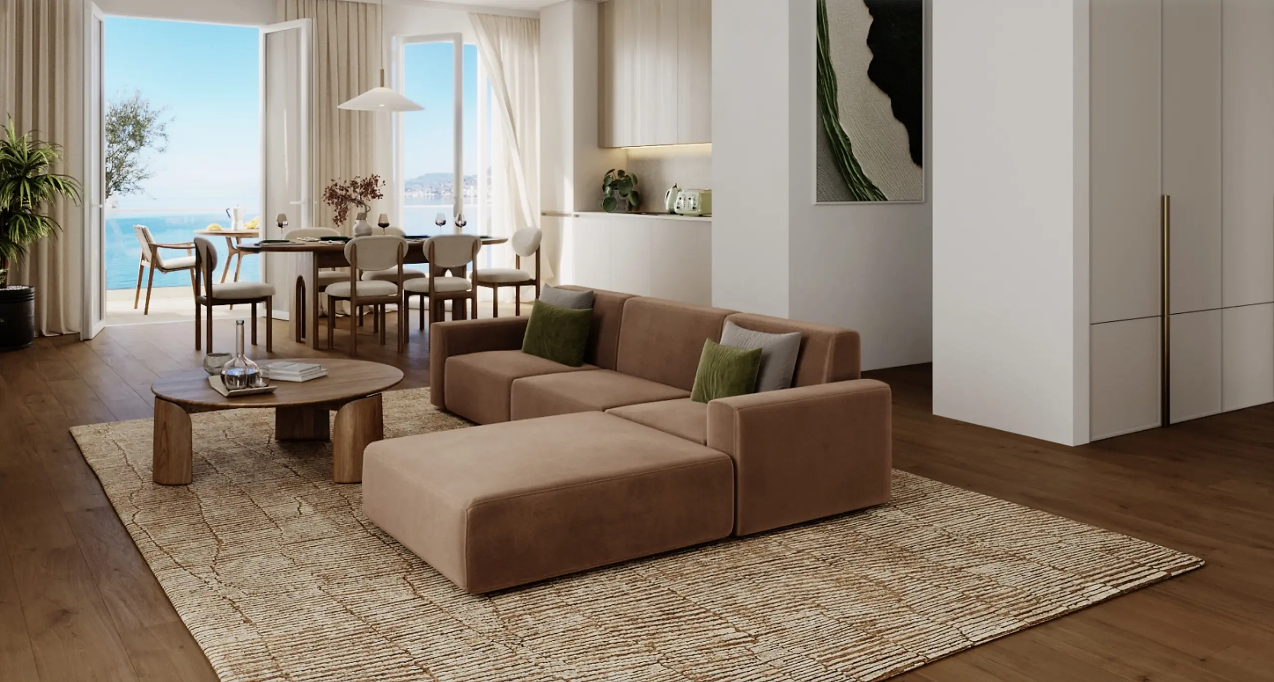 Wohnraum einer Wohnung des Projekts Grand-Rive mit Seeblick