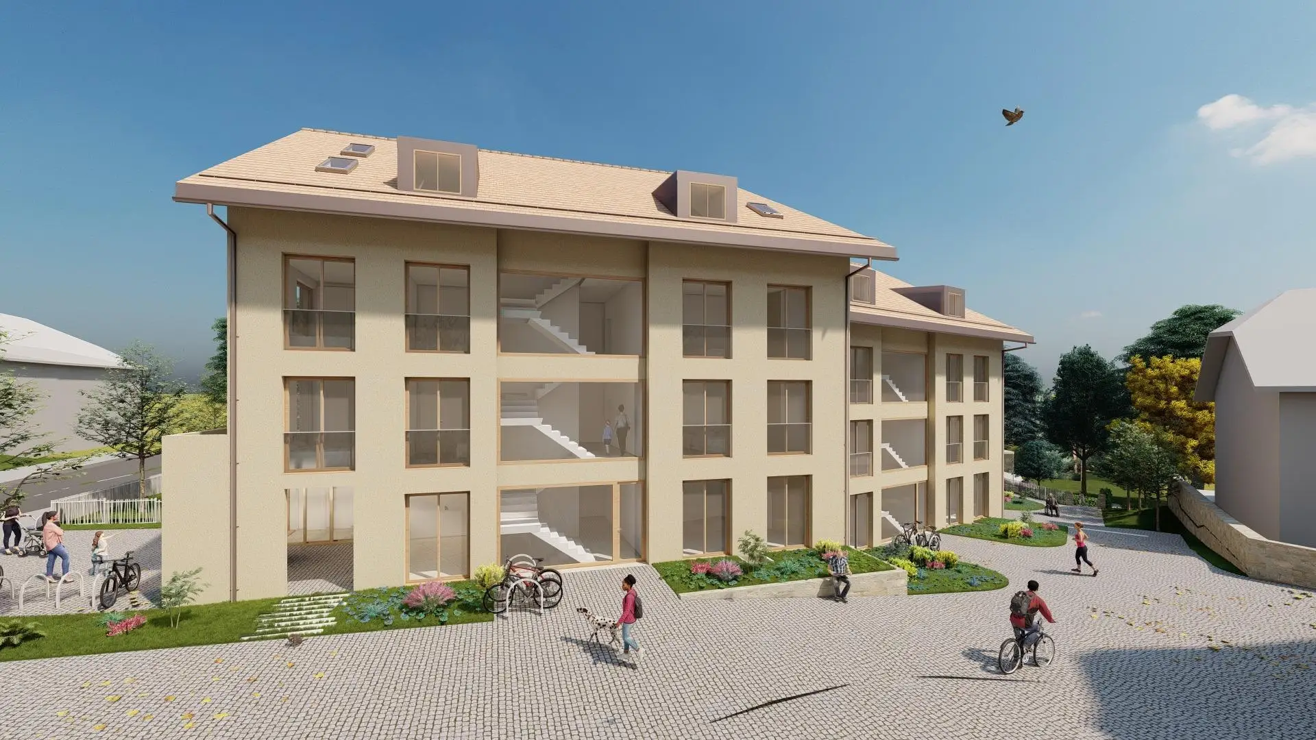 Projekt Blonay-Bourg, Fassade zum Platz mit verglasten Treppenhäusern